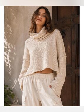FREE PEOPLE Womens Cream Cowl Neck Textured Crop Sweater Pullover Top